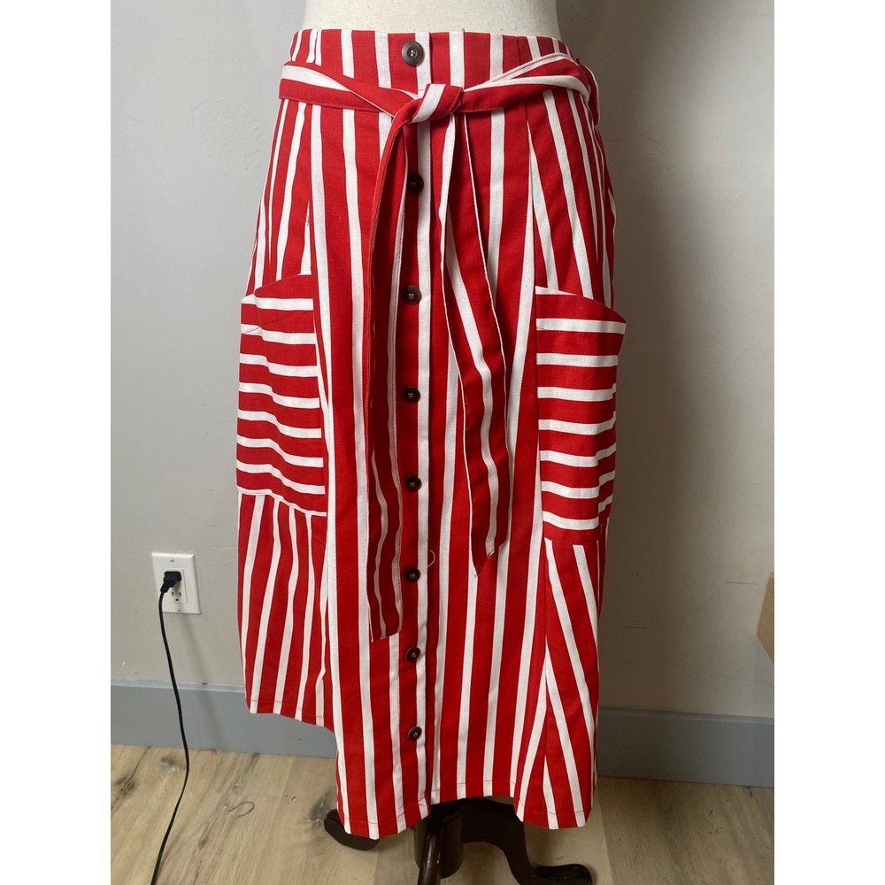 Metrowear Red White Striped Button Front Midi Skirt with Tie Waist Pockets  M